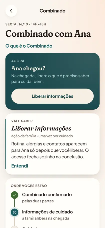 Tela do Combinado confirmado na acalena: dia, horário, tarefas e valor